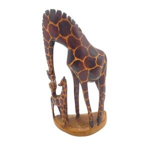Vintage Hand Carved Giraffe Family Statue Wood Sculpture Figurine Made In‎ Kenya